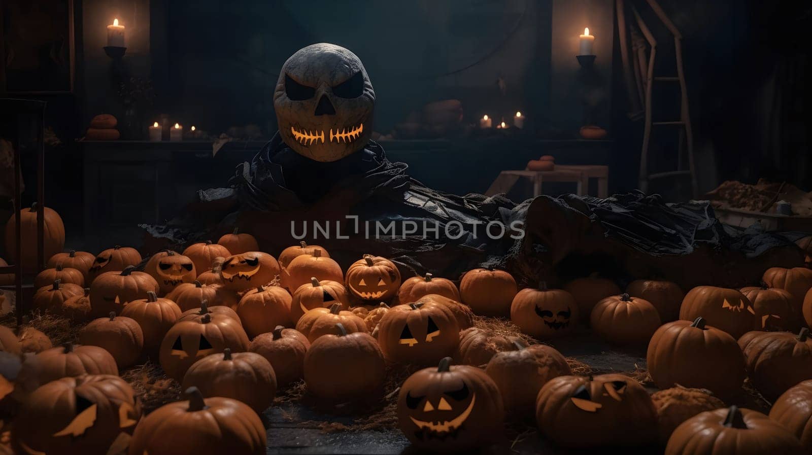 Jack-O'-Lantern surrounded by pumpkins in a dimly lit, spooky setting.