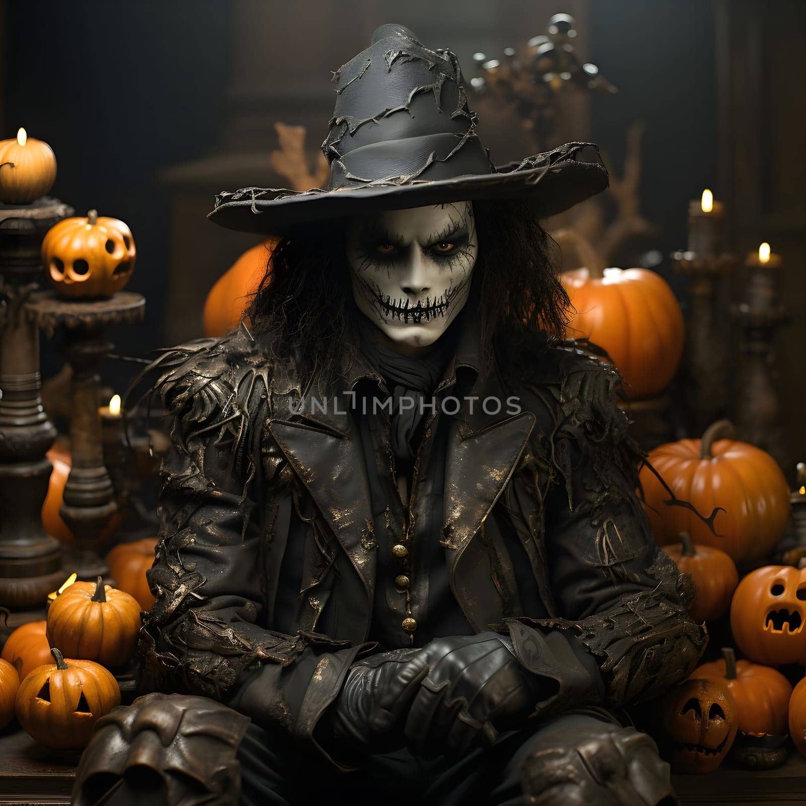 A person in a spooky Halloween costume with a skeleton face paint.