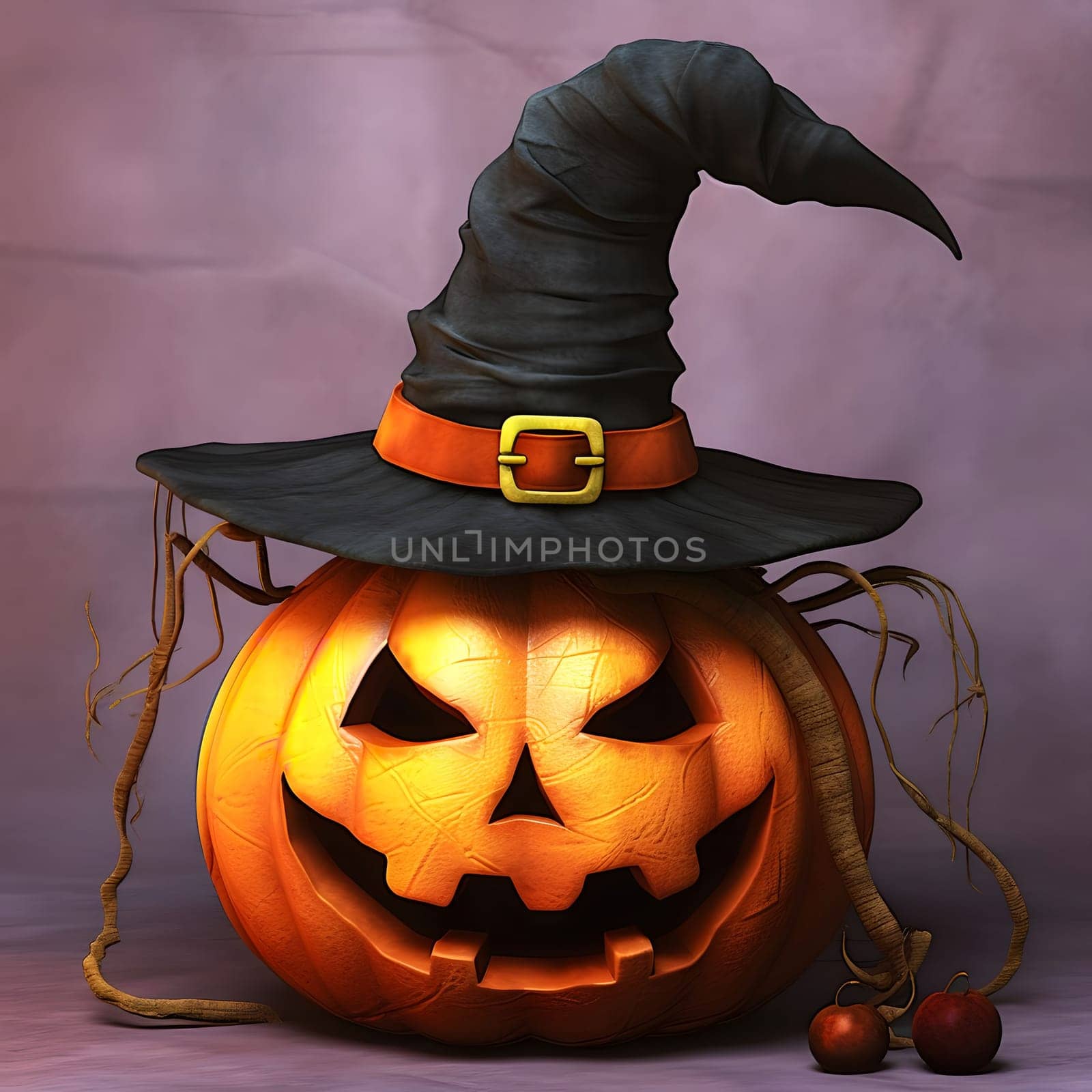 A spooky Halloween pumpkin with a witch hat. The pumpkin is carved with a scary face and glowing eyes