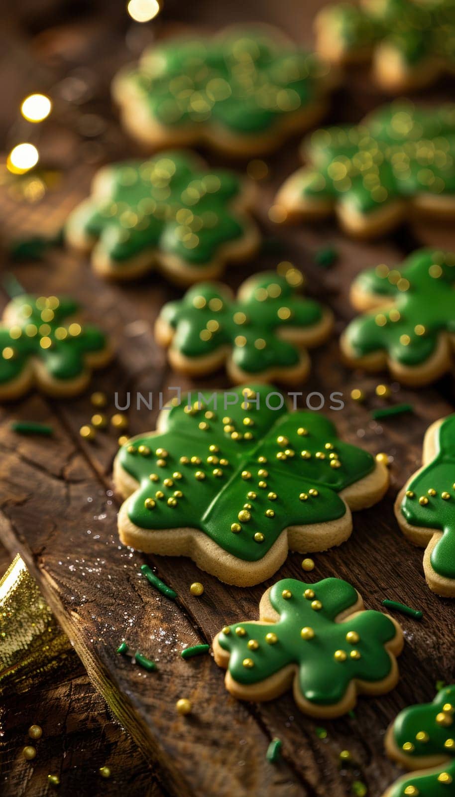 Shamrock-shaped sugar cookies topped with vibrant green icing and gold sprinkles sit on a rustic wooden table adorned with festive st. patrick's day decorations, creating a cheerful and inviting holiday scene.