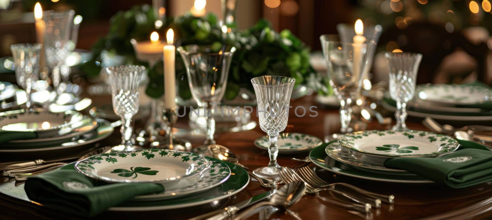 Elegantly arranged st. patrick's day dining table with crystal glasses, green napkins, and shamrock-patterned plates. the sophisticated setting features candlelight, offering a warm, festive atmosphere in a dining room.