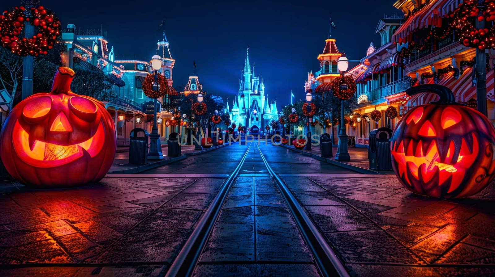 A view down Main Street, U.S.A., at the Magic Kingdom in Walt Disney World during the Halloween season.