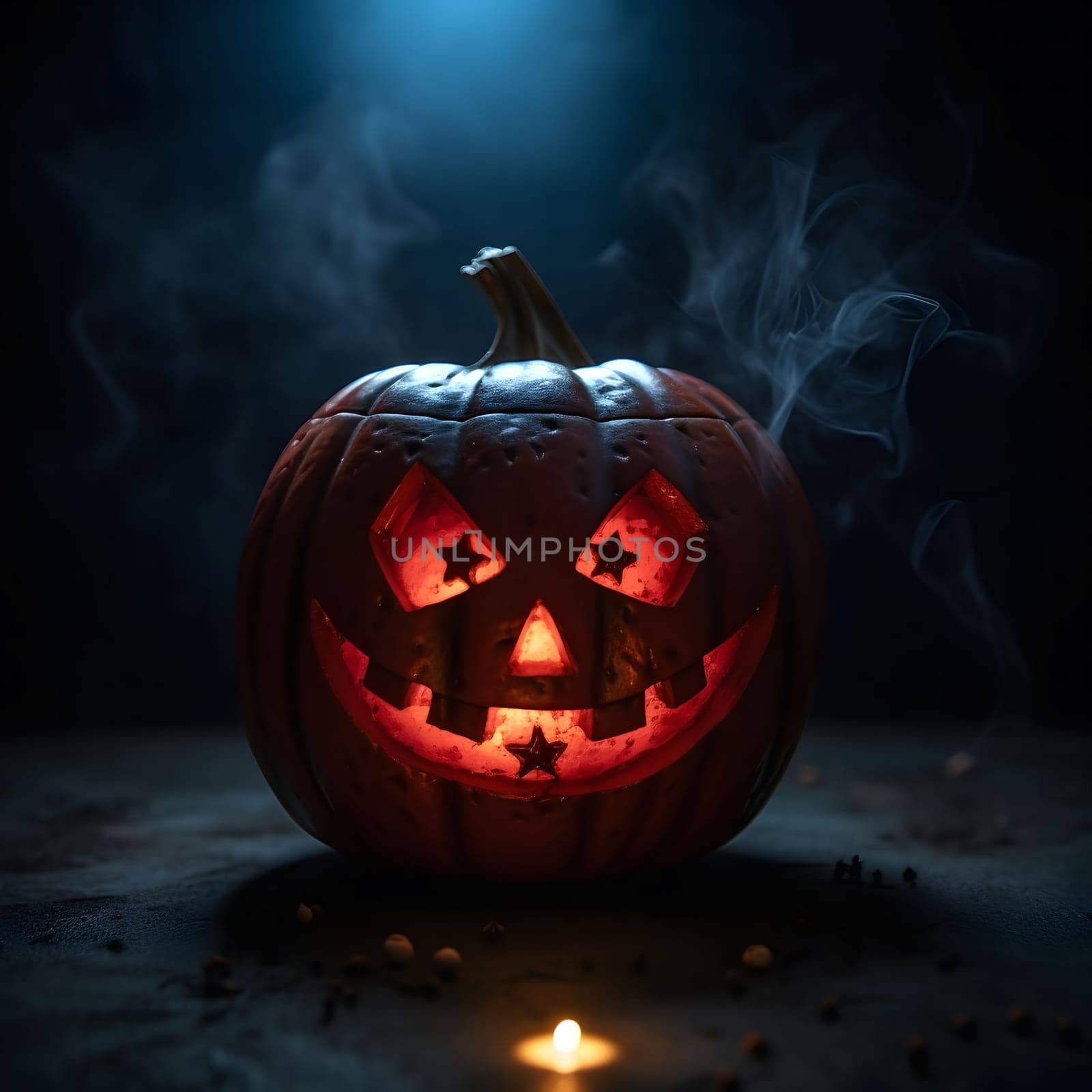 A close-up shot of a jack-o'-lantern with a spooky grin, illuminated with a glowing candle. The pumpkin sits on a dark surface, shrouded in swirling smoke, creating an eerie Halloween atmosphere.