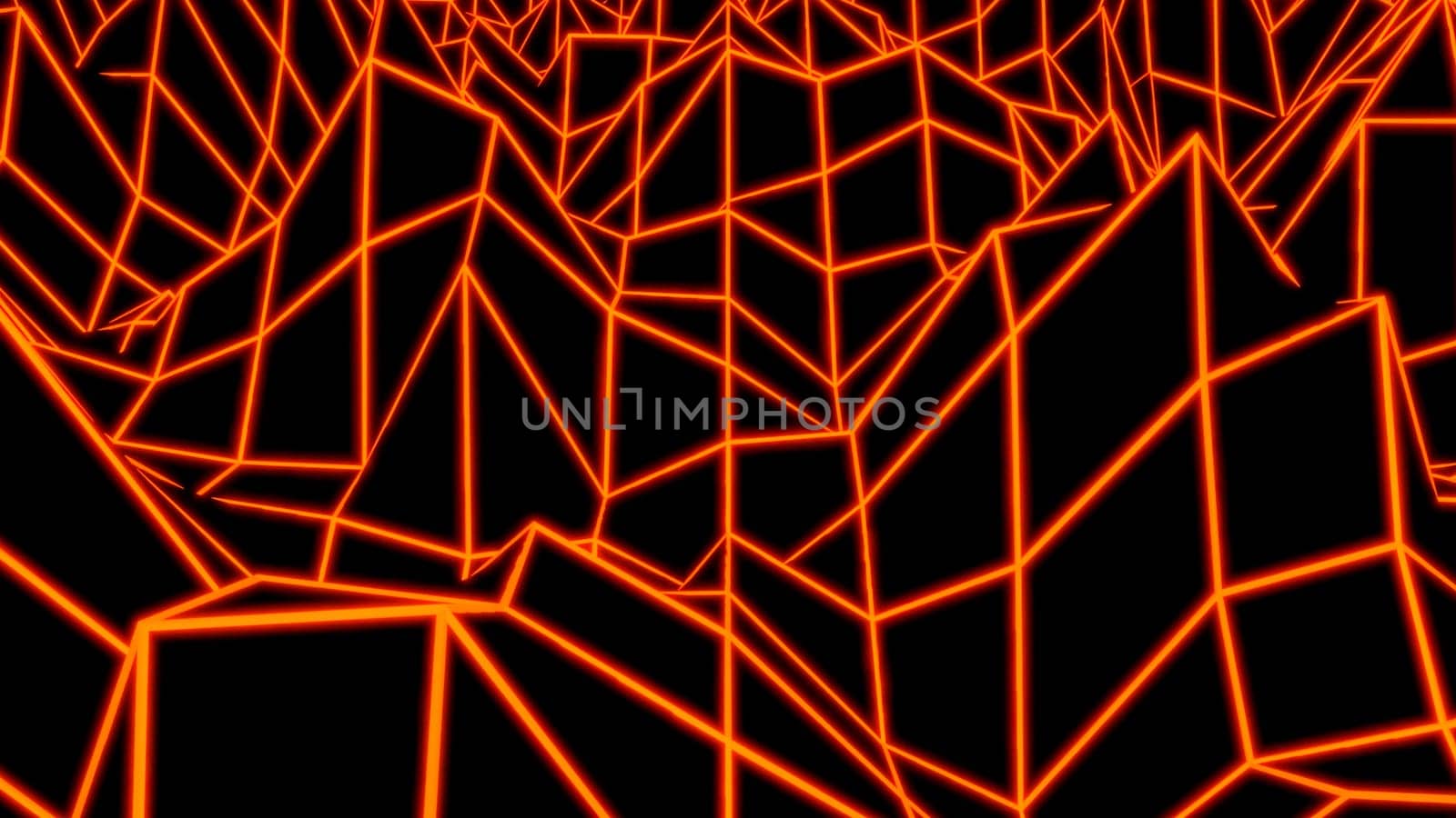 Abstract moving transformed neon grid on a black background. Design. Visualization of hilly path with mountain silhouettes