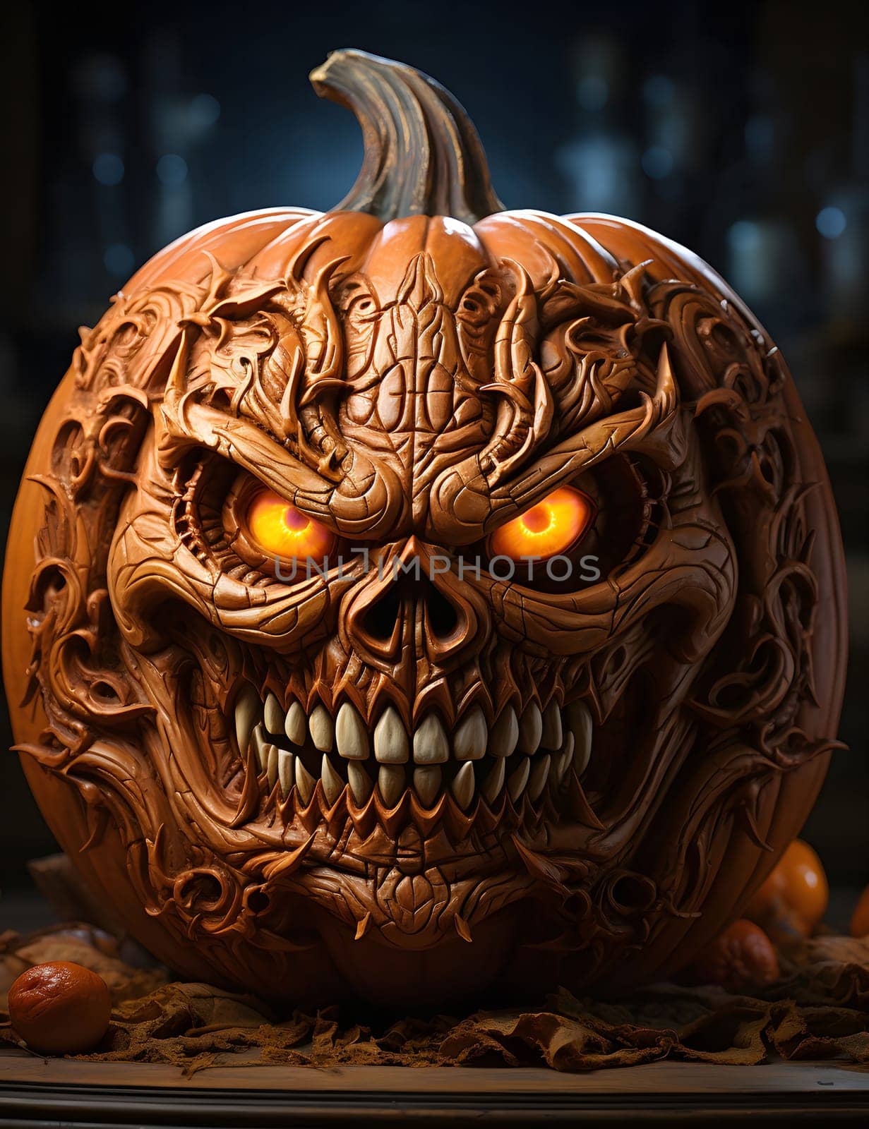 A close-up view of a meticulously carved pumpkin, transformed into a fearsome skull with glowing eyes. The intricate details and menacing grin create a spooky and captivating Halloween image.