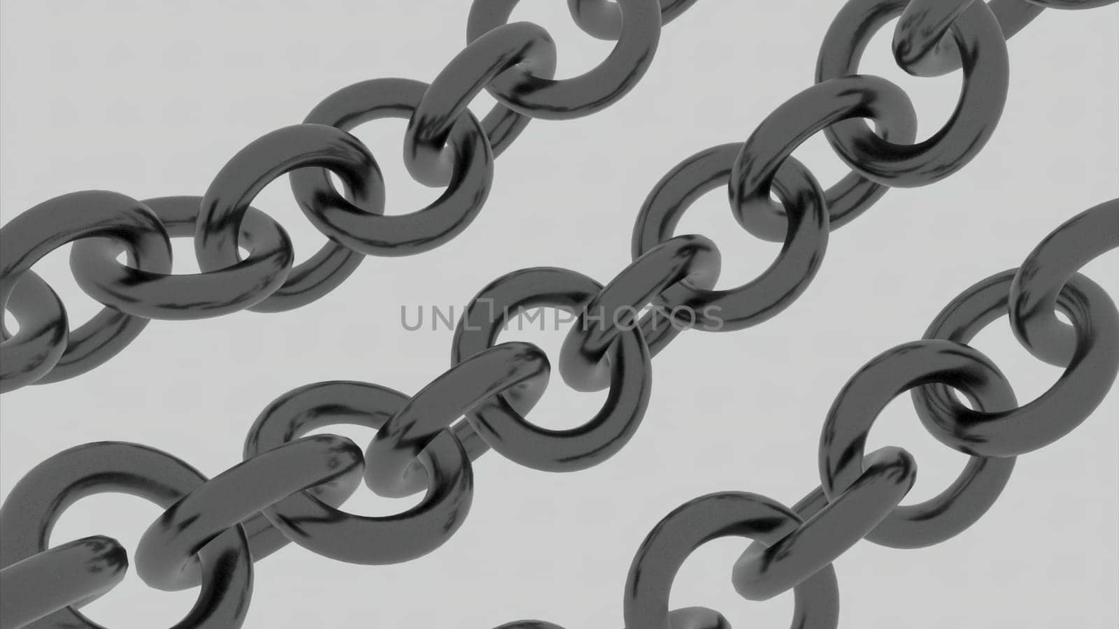 Three rows of metal silver chains moving isolated on a beige background. Design. Moving 3 d chains, seamless loop