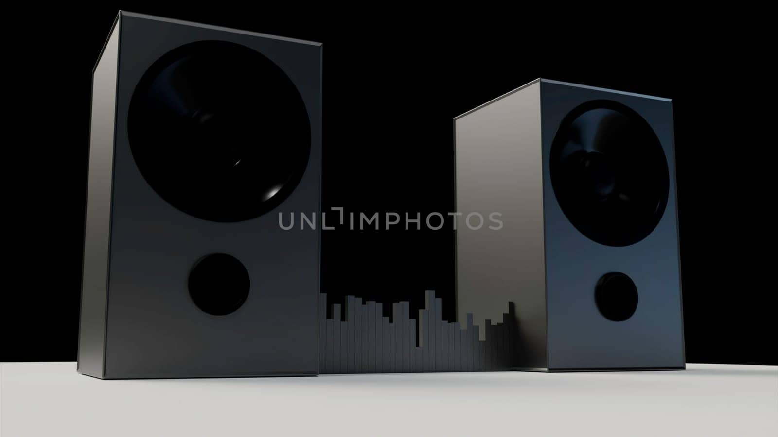Large gray speakers. Design.Bright animation with musical devices that beat because of the power of the beats. High quality 4k footage