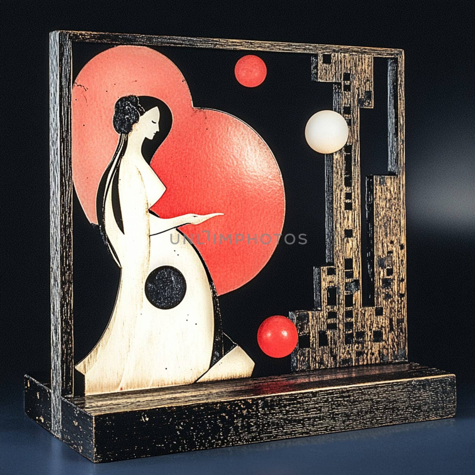 Intricate wood intarsia depicting a woman in profile holding a bird, with a cityscape and stylized red sun in the background, in the style of 1920s art deco design