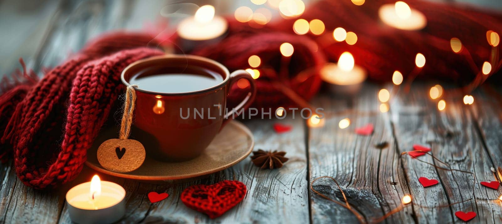 Romantic valentine's day scene with a steaming cup of tea featuring a heart-shaped teabag tag. surrounded by glowing candles and a warm red scarf on a rustic wooden table, creating an inviting, cozy atmosphere perfect for text overlays.