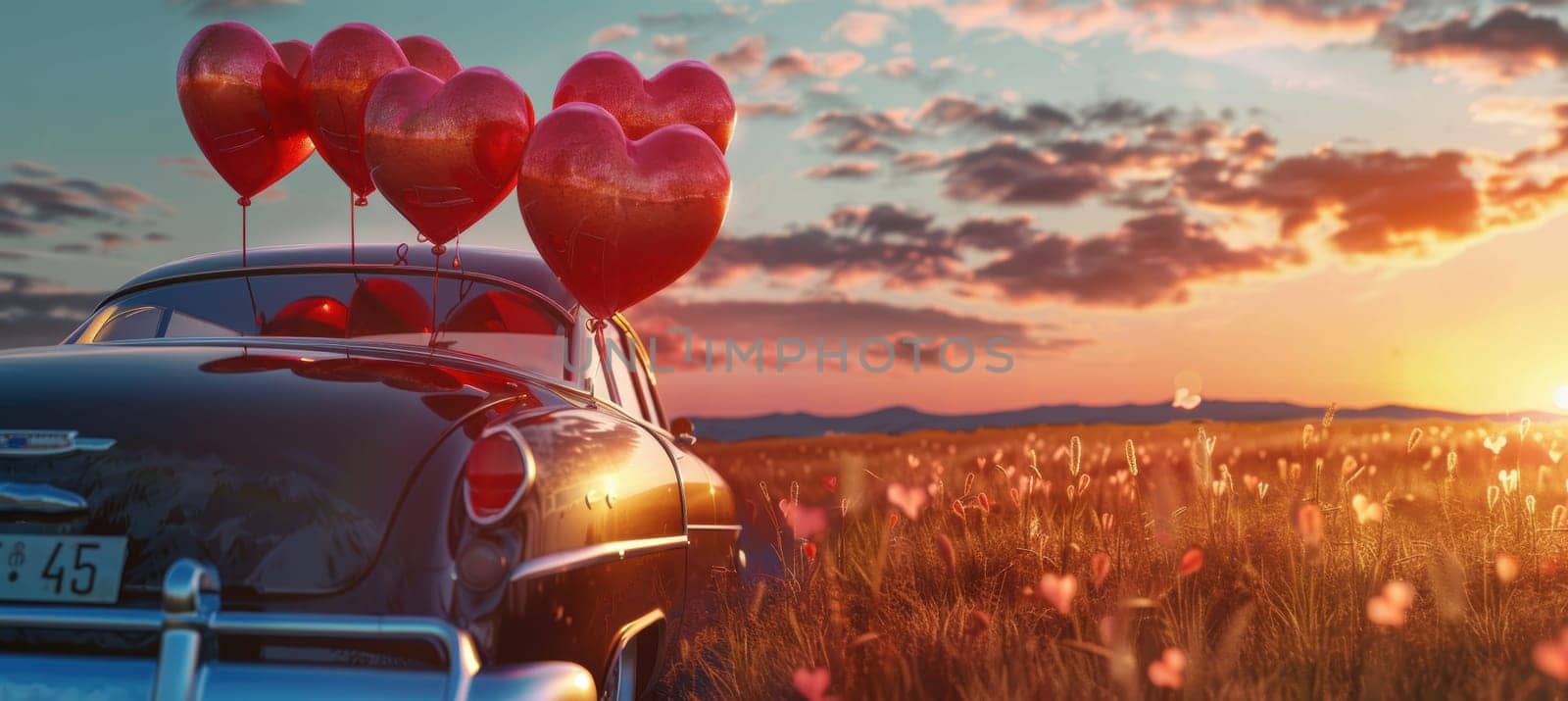 Vintage car adorned with heart-shaped red balloons drives into a vibrant sunset, symbolizing romance and nostalgia. the tranquil scene features a field with delicate flowers, offering space for a message below.