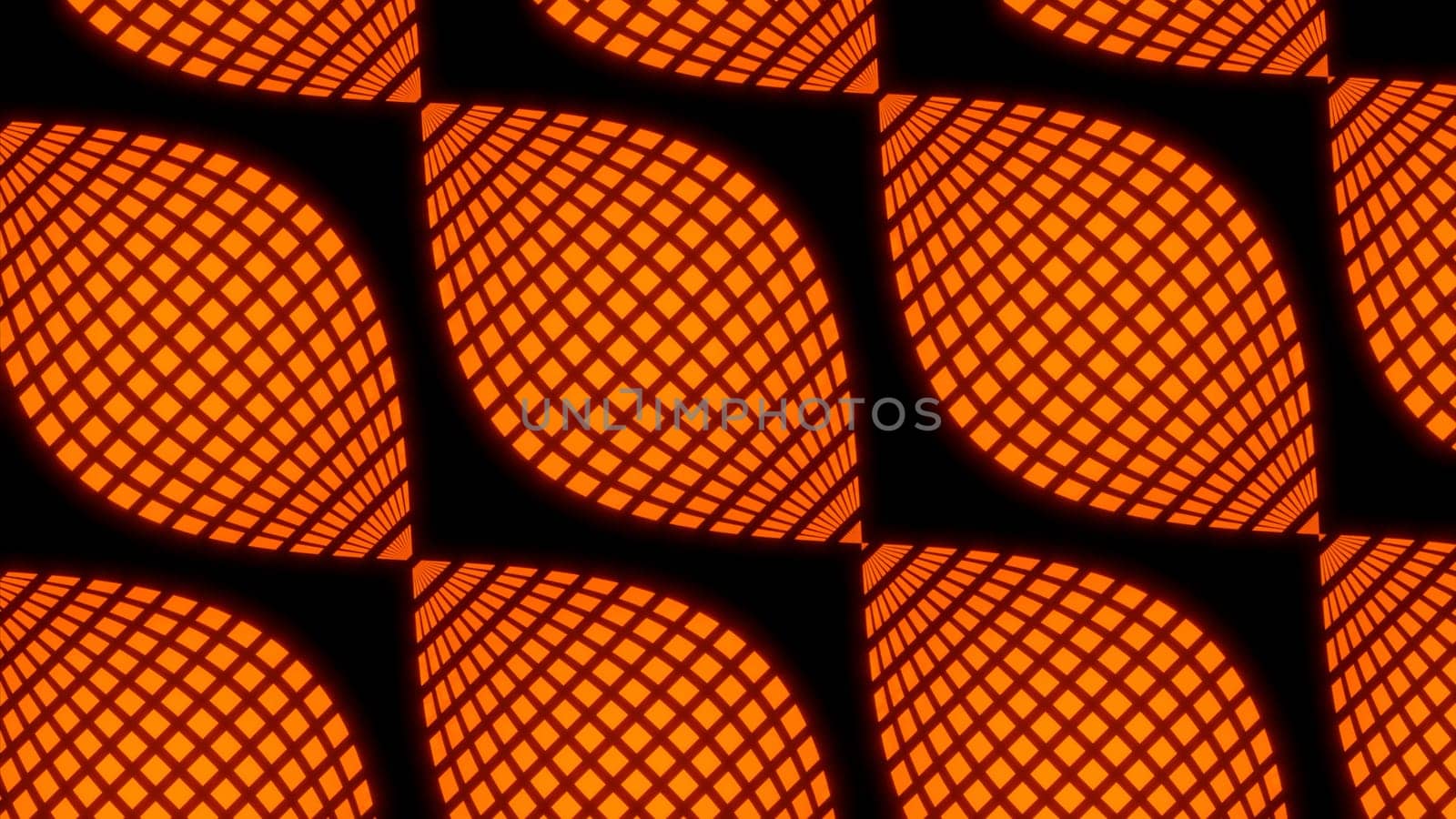 Bright black background. Design.Yellow and orange are large particles that are highlighted by a grid in the animation that are moving forward. High quality 4k footage