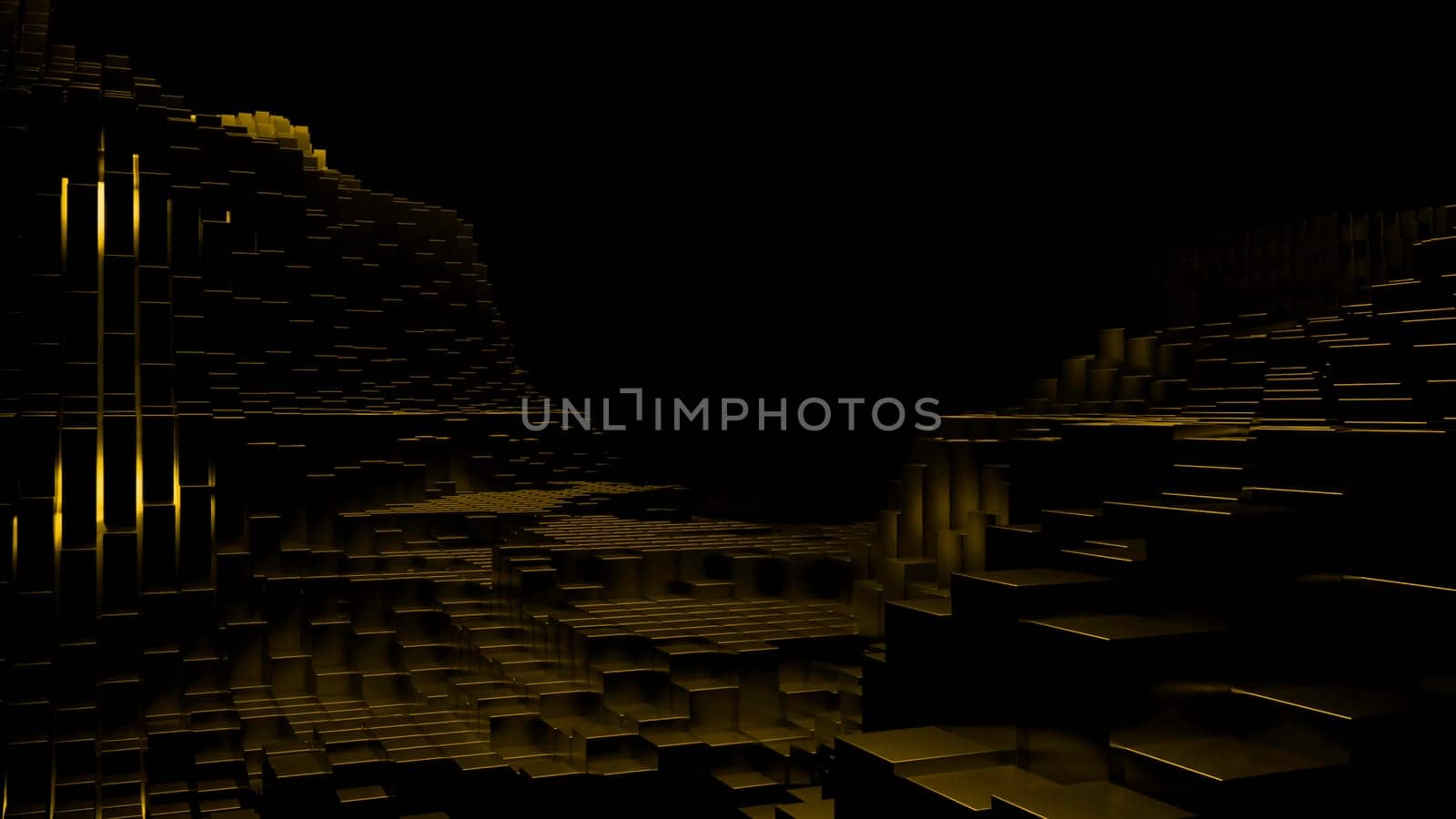 Gray and yellow background. Design.Dark three-dimensional walls of bricks in 3d animation that move with these deposits inside to the dark. High quality 4k footage