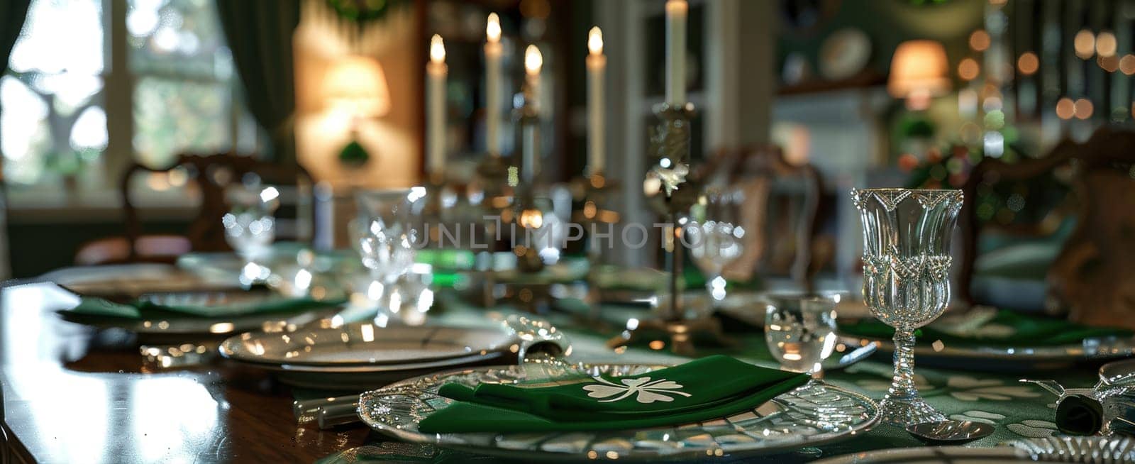 Elegantly set dining table adorned with green napkins, shamrock-patterned plates, and crystal glasses, creating a sophisticated st. patrick's day ambiance. candlelight adds warmth in an inviting dining room setting.
