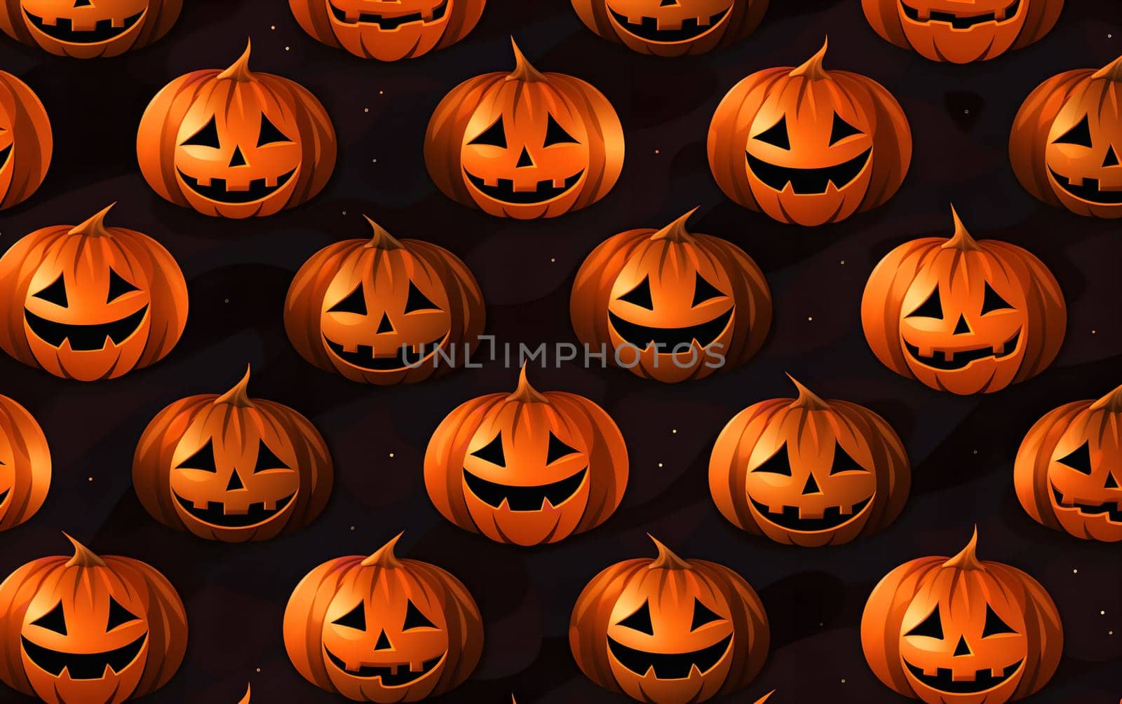 A seamless pattern featuring multiple orange jack-o-lantern pumpkins with scary grins and glowing eyes on a dark background for Halloween.