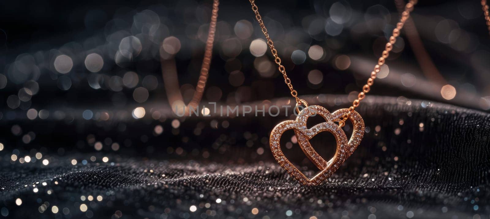 Two intertwined heart-shaped necklaces sparkle elegantly on a black velvet surface, creating a luxurious and romantic ambiance. the soft lighting enhances the exquisite details, perfect for valentine's day themed designs.