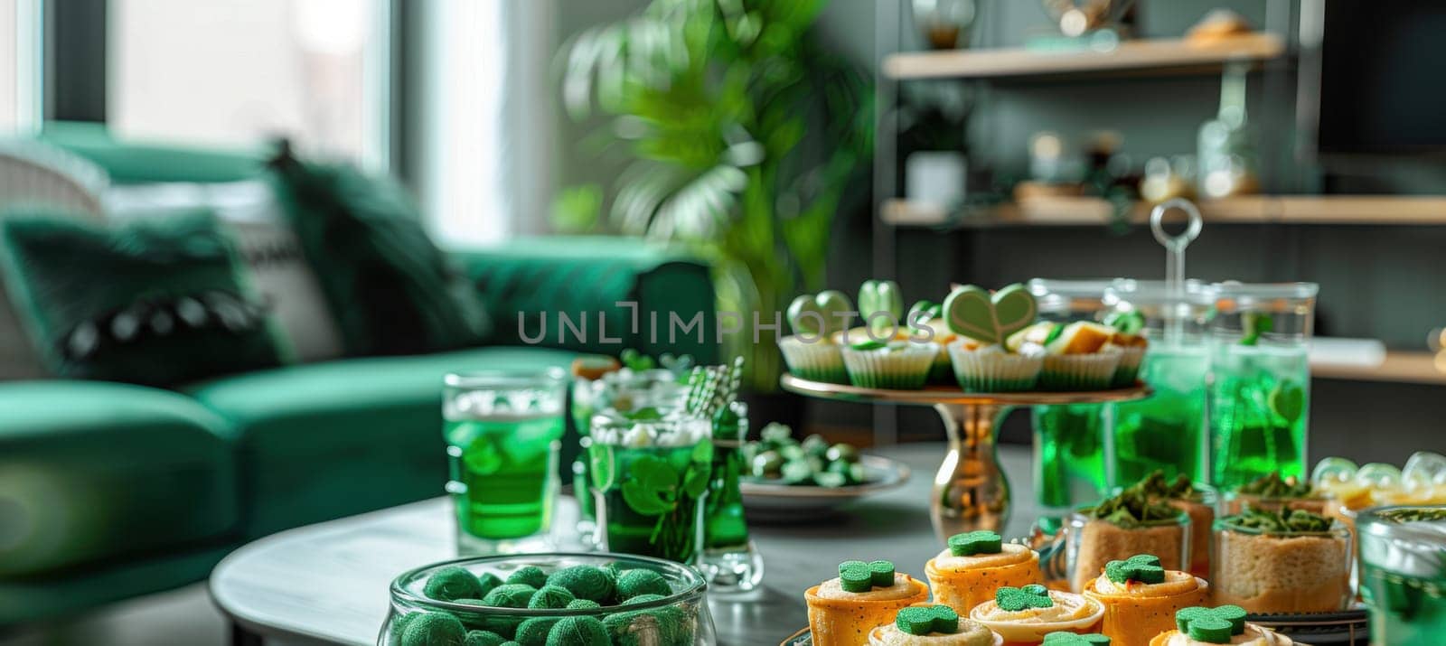 Friends enjoy a lively st. patrick's day house party in a modern living room. the space is adorned with green decorations, shamrock-themed desserts, and festive snacks, creating a vibrant and joyful atmosphere.