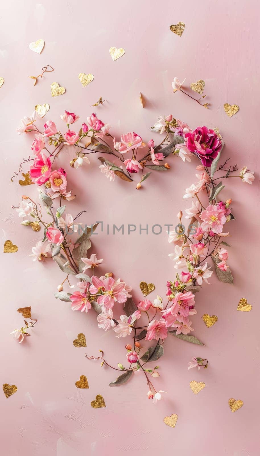 A heart-shaped wreath made of pink flowers and green leaves, accented with small golden hearts, set against a soft pastel pink background, creating a romantic and elegant design perfect for valentine's day cards.
