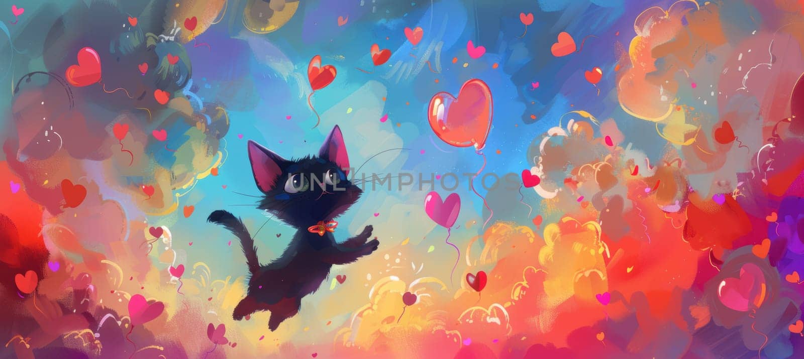 Cartoon cats joyfully chase heart-shaped bubbles across a vibrant sky backdrop, full of bright colors and whimsical charm, creating a lively and enchanting scene perfect for fun valentine's day designs.
