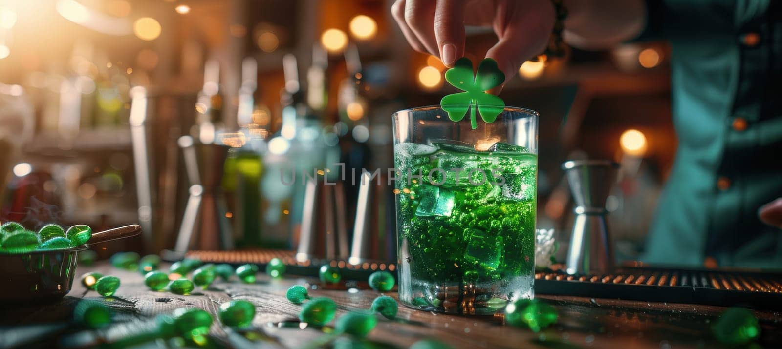 Bartender skillfully prepares a vibrant green cocktail for st. patrick's day, featuring a clover-shaped garnish. surrounded by festive ingredients and bar tools, the scene exudes celebration and artistry.