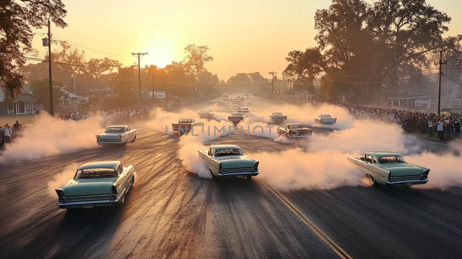 Powerful sports cars race through city streets at sunset, leaving a trail of smoke, thrilling spectators with high speed action