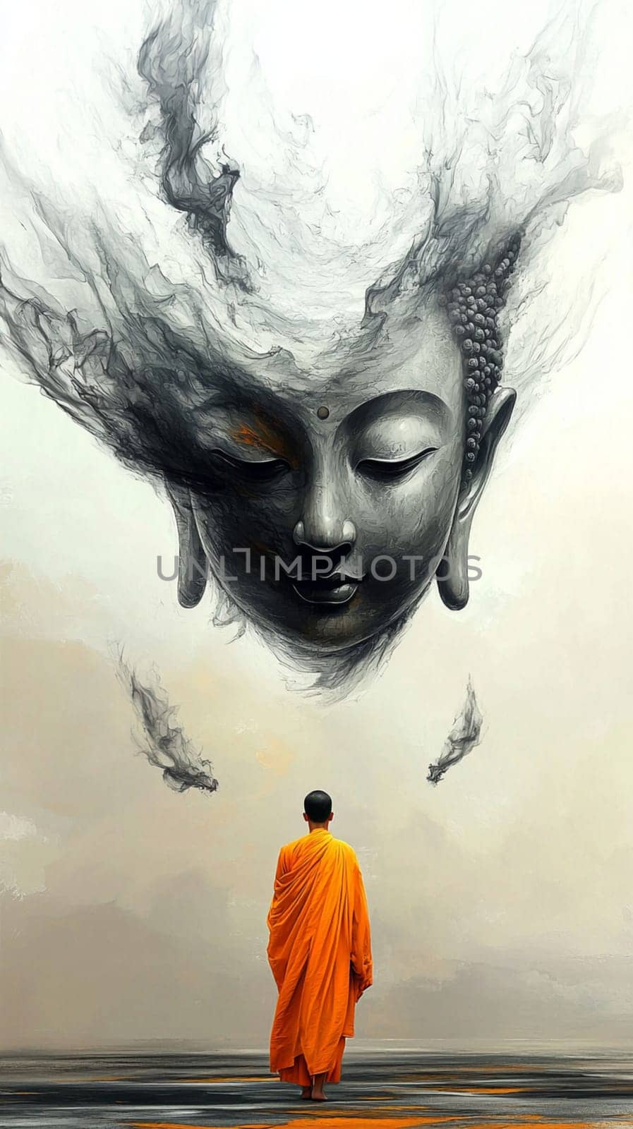 Buddhist monk wearing an orange kasaya walking on a stone surface towards a giant buddha head