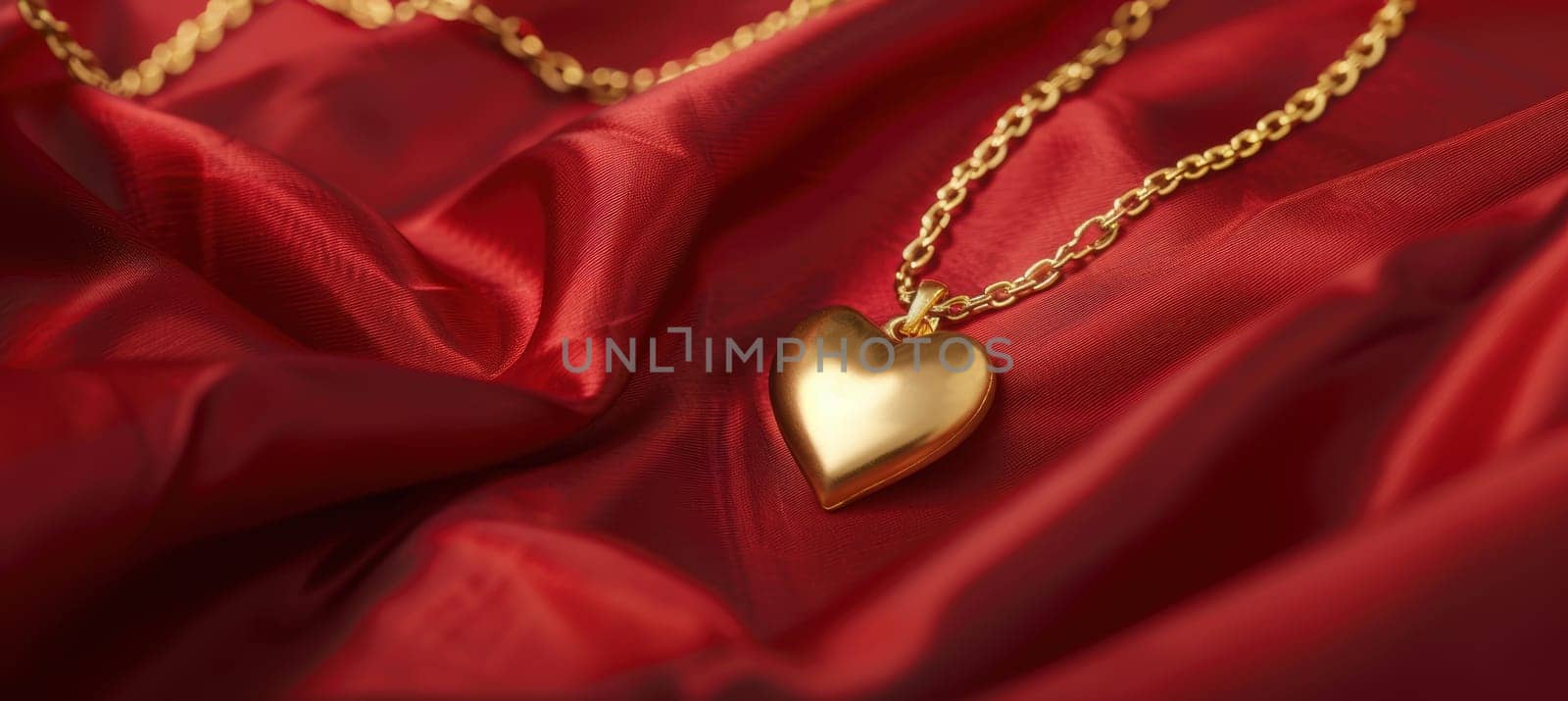 Gold heart-shaped pendant on lush red silk fabric, featuring soft light reflections. perfect for elegant valentine's day designs, cards, or posters with a luxurious and romantic theme.