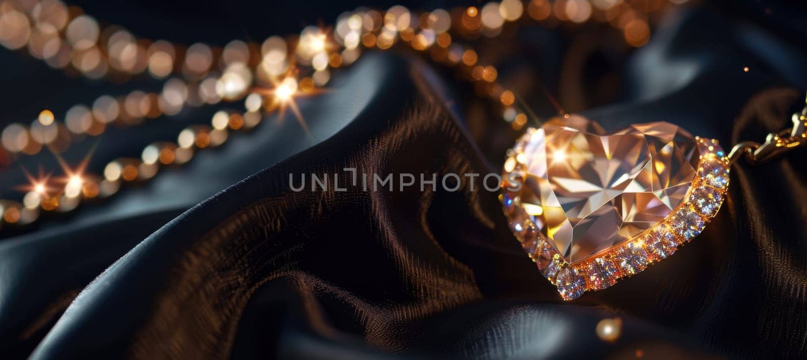 Heart-shaped diamond necklace displayed on a luxurious black satin background, highlighted by gold accents and soft lighting. sparkling chain and exquisite details create a sense of elegance and celebration.