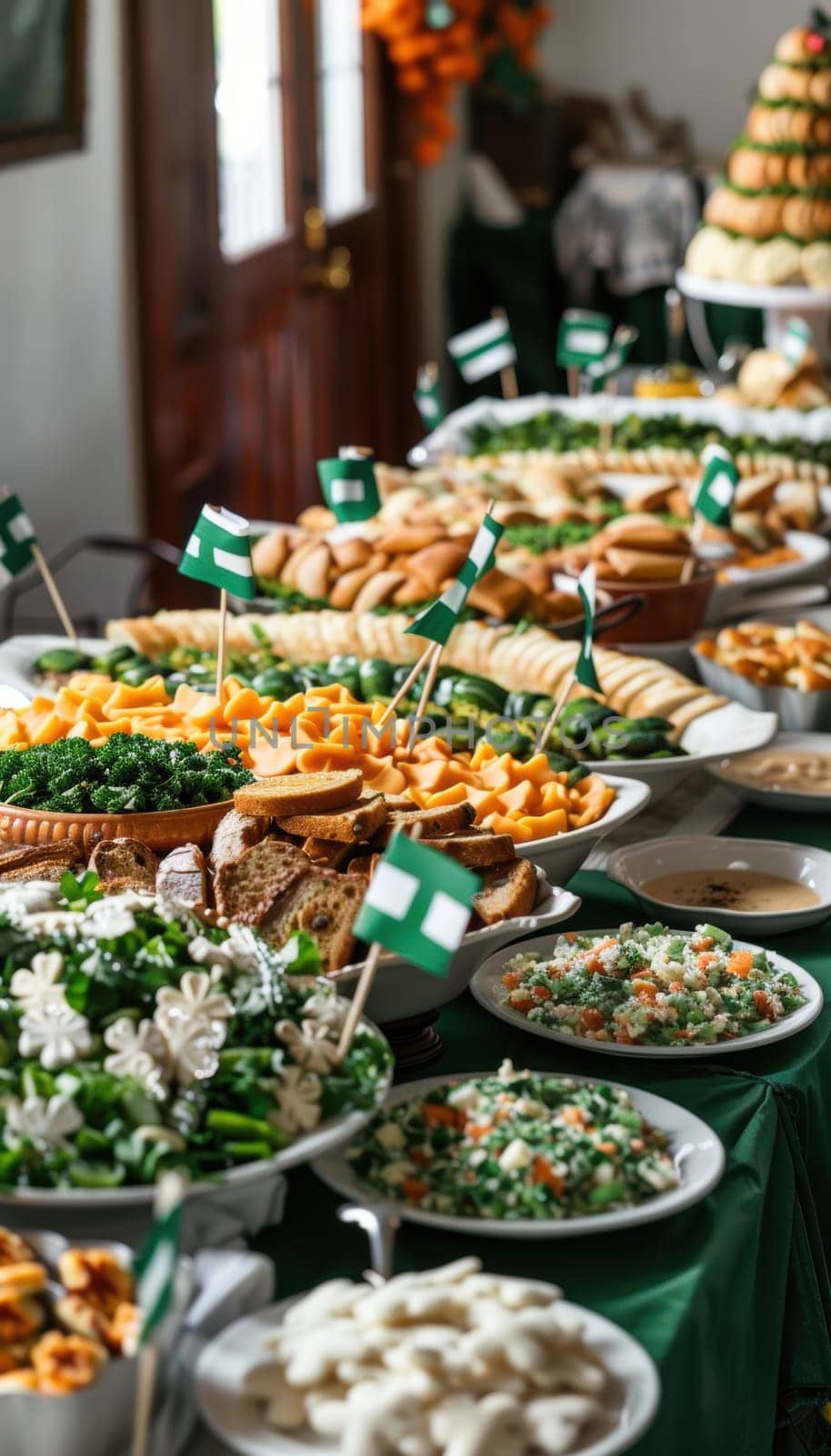 A vibrant st. patrick's day buffet showcases a lavish spread of green salads, irish soda bread, hearty stews, and shamrock-themed desserts. decorative irish flags add festive charm to the celebration.