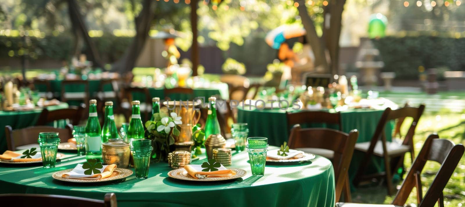 A festive garden party scene showcasing tables with green linens, shamrock centerpieces, and gold coins. perfectly themed for an outdoor st. patrick's day celebration with a magical leprechaun ambiance.