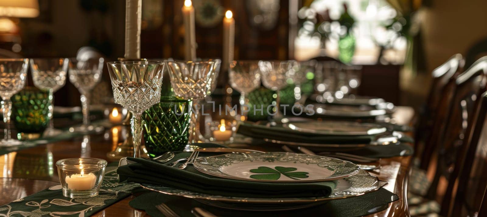 A sophisticated dining room features an elegantly set table adorned with green napkins and shamrock-patterned plates. crystal glasses and candlelight add a warm glow, creating a festive st. patrick's day atmosphere.