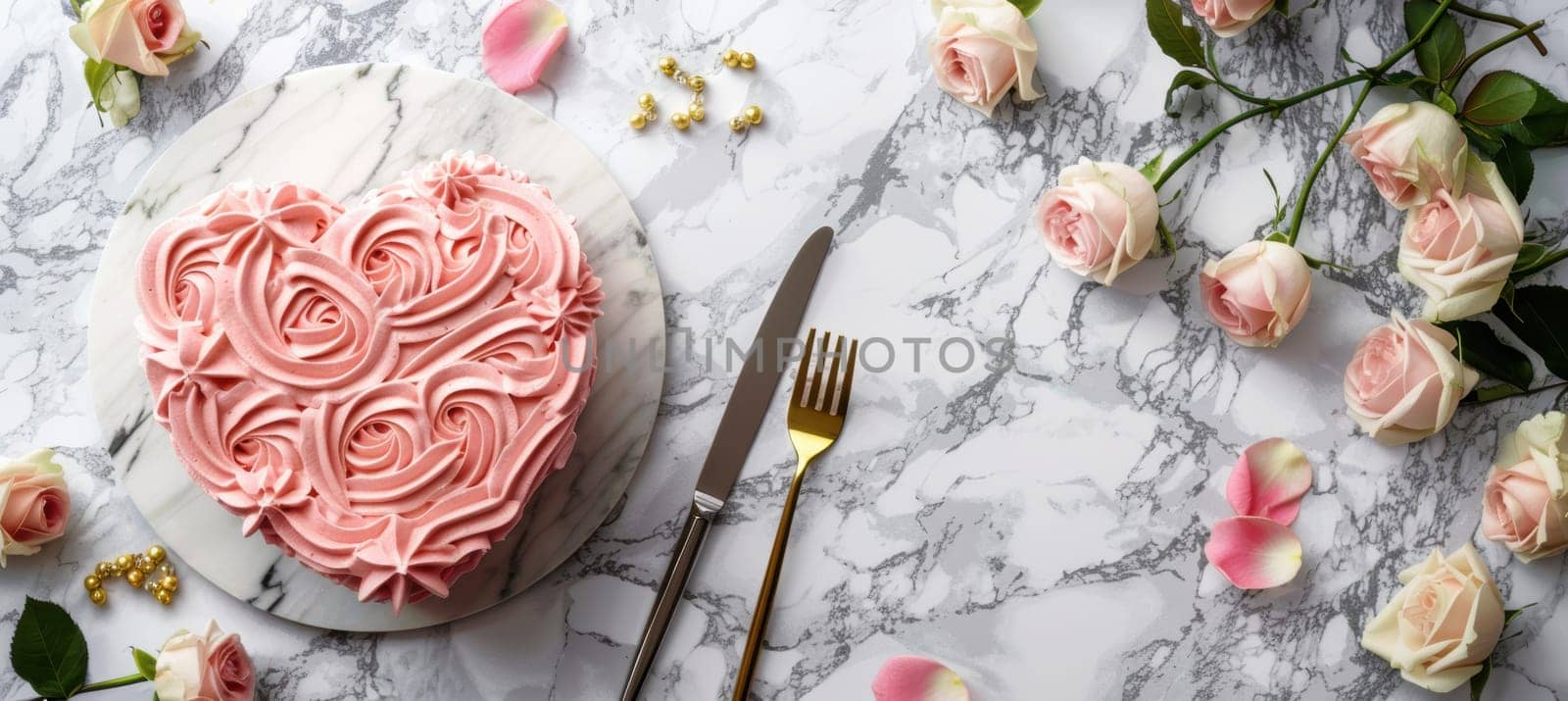 Heart-shaped cake with pink frosting on a marble table, accompanied by gold cutlery and scattered roses, creating a romantic valentine's day setting. ideal for print, card design, or festive promotions.