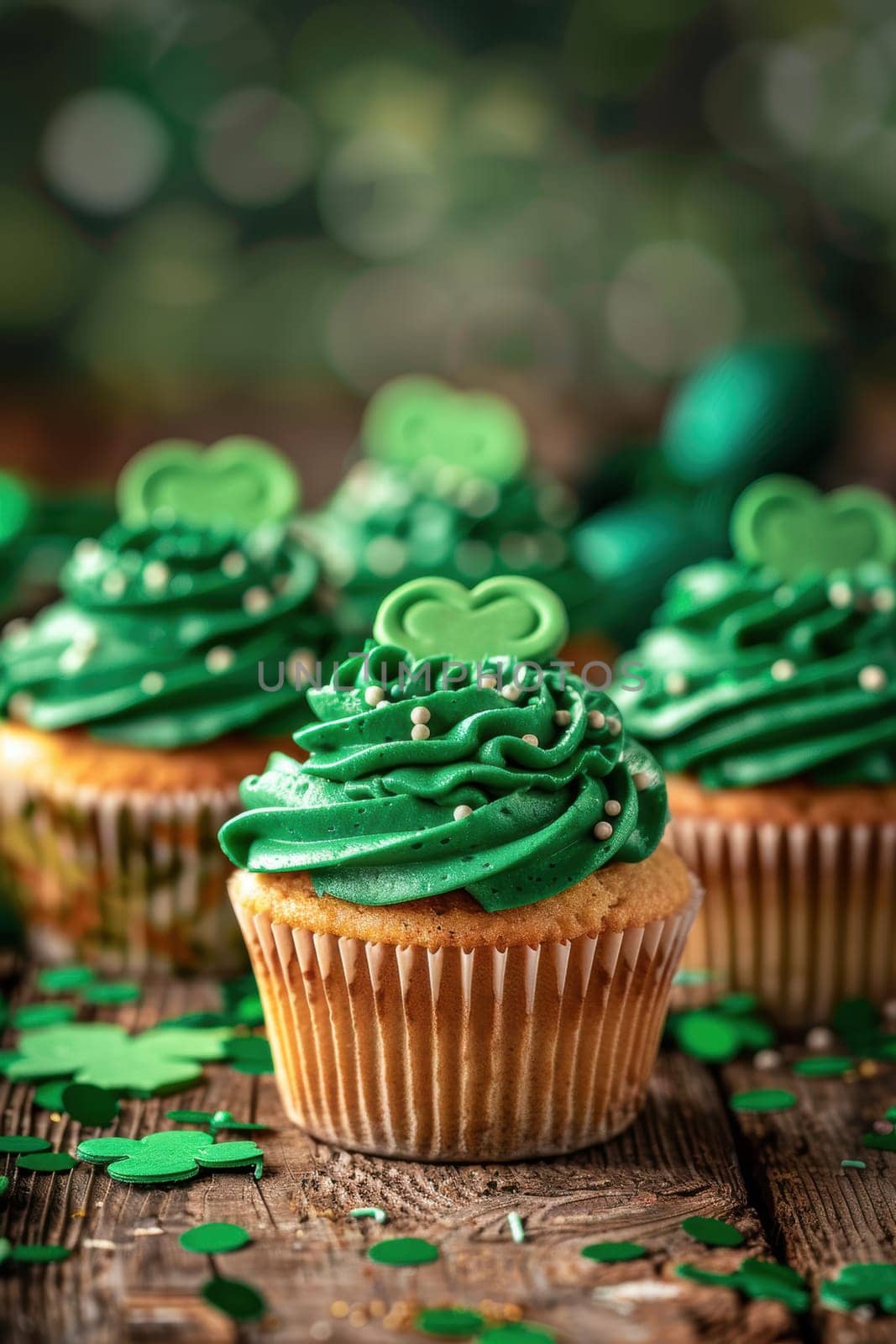 Green-tinted cupcakes adorned with shamrock decorations are artfully arranged on a wooden table. they are surrounded by green confetti and festive party items, embodying the spirit of st. patrick’s day celebrations.