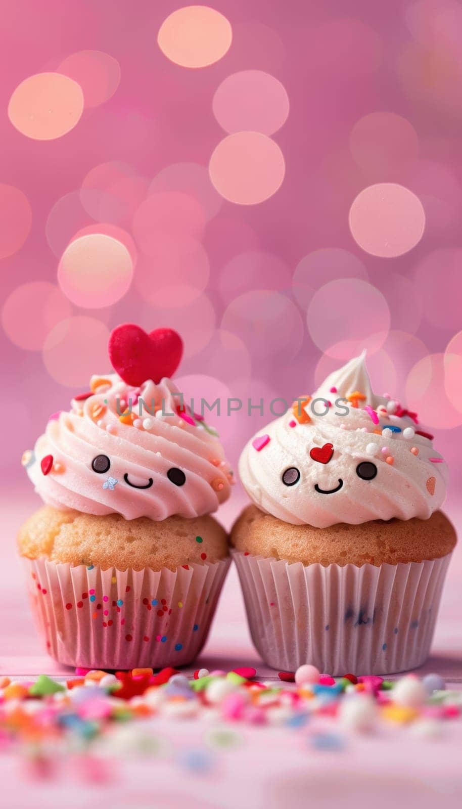 Cute valentine's day card featuring two smiling cupcakes with heart-shaped sprinkles on a pastel pink background. the whimsical design is perfect for adding a playful touch to holiday celebrations and greetings.