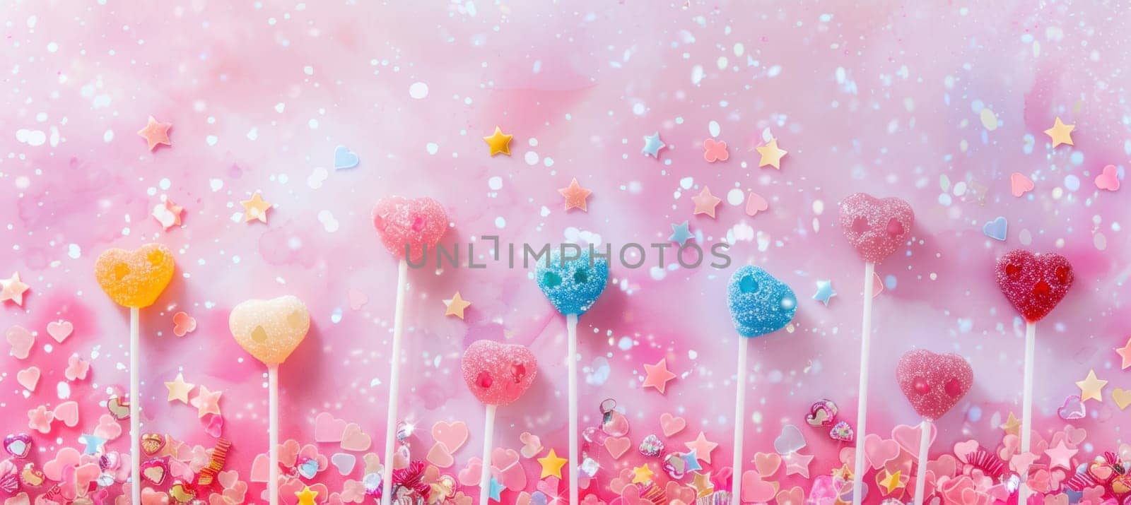 Colorful lollipops shaped like hearts and stars on a pink and white background with sparkles. the festive, playful design essence of valentine's day, offering a whimsical touch for creative projects.