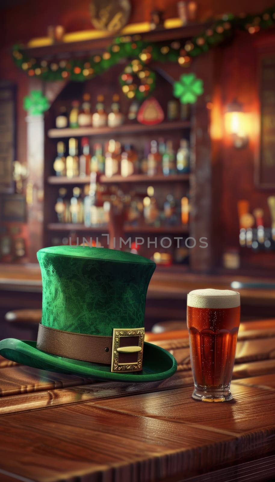 A festive st. patrick's day scene featuring a green top hat with a gold buckle and a pint of beer on a wooden bar counter in a lively pub. perfect for holiday-themed designs, cards, or posters.