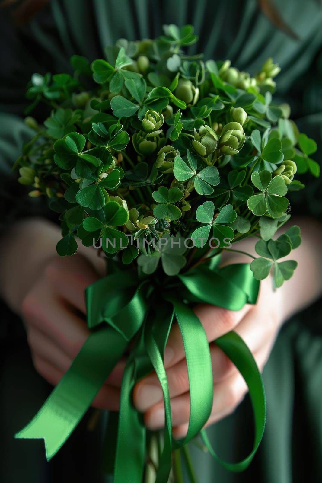 Hands gently hold a vibrant bouquet of traditional irish clovers, elegantly wrapped with a green ribbon. ideal for subtly celebrating st. patrick’s day with a touch of tradition and charm.