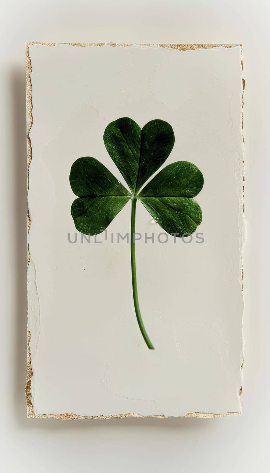 A minimalist st. patrick's day card featuring a lone green shamrock centered on a textured white background. the design includes subtle gold accents along the edges for an elegant and modern touch.