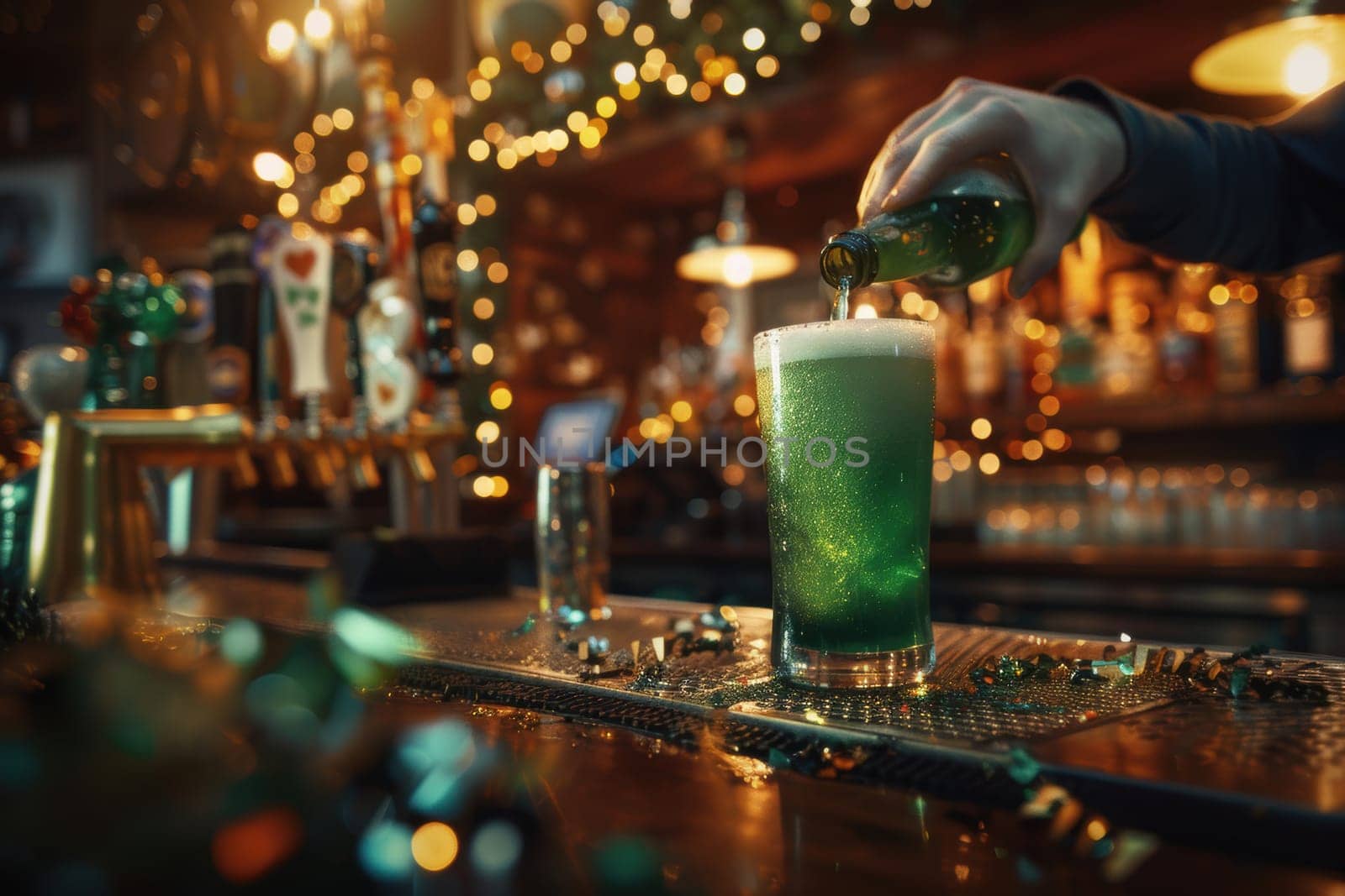Close-up of a bartender pouring green beer into a frosty glass, surrounded by festive st. patrick’s day decorations. the warm, lively ambiance of the pub enhances the celebratory mood, with twinkling lights in the background.