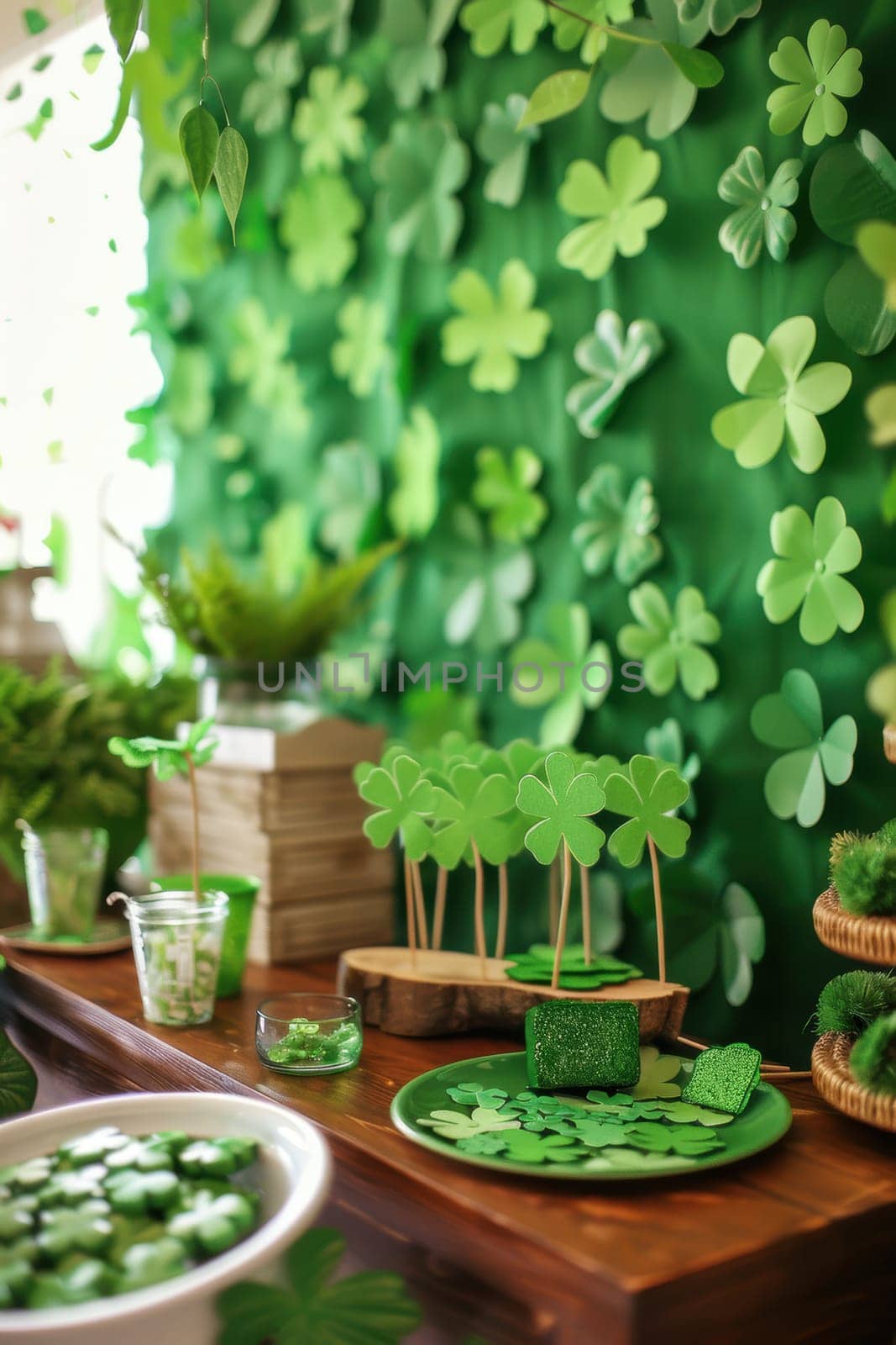 St. patrick's day themed photo booth featuring vibrant green backdrops adorned with shamrocks. includes playful props and accessories, creating a fun irish atmosphere for guests to enjoy during celebrations.