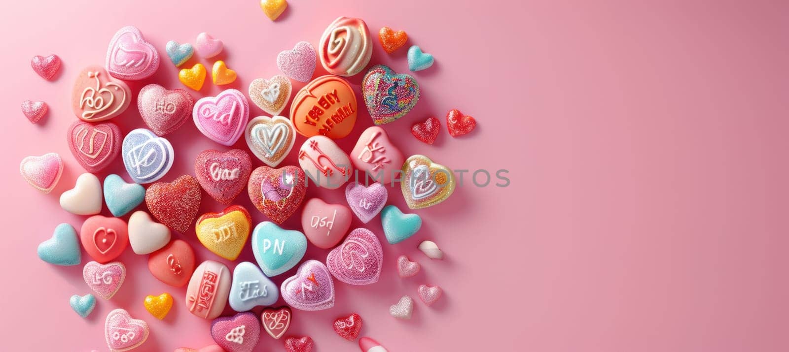 Vibrant valentine's day banner featuring an array of colorful candy hearts with cute messages arranged in a heart shape. set against a pastel pink background, this design is perfect for promotional use or festive displays.