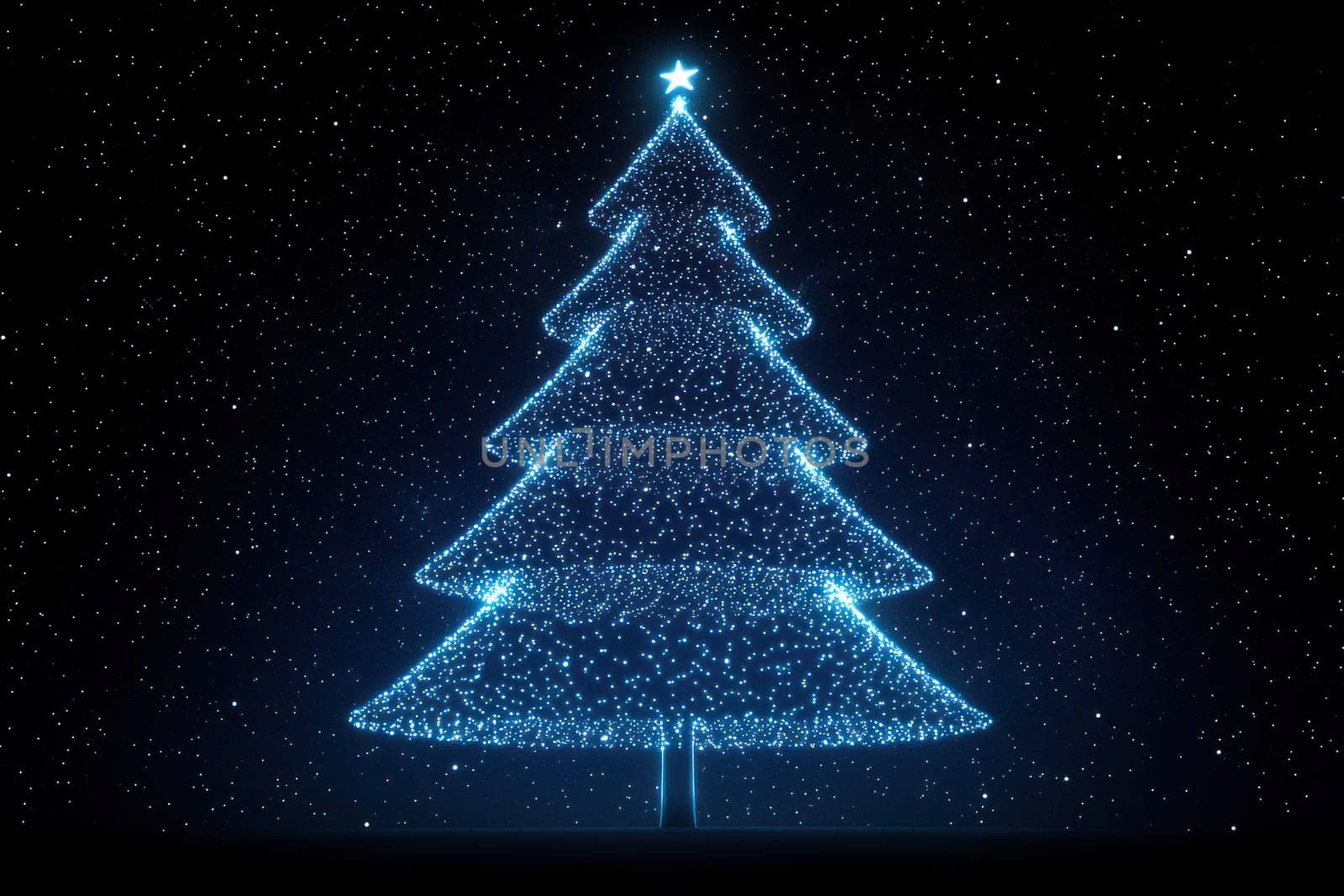 glowing digital Christmas tree shines brightly against dark background.