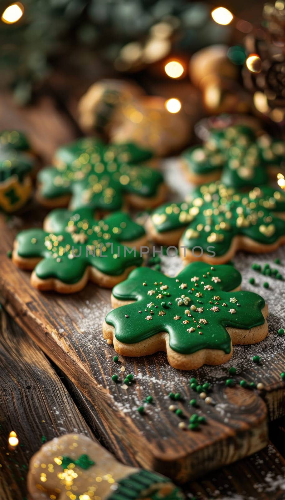 Shamrock-shaped sugar cookies adorned with green icing and gold sprinkles are elegantly arranged on a rustic wooden surface. soft lights and festive decorations enhance the st. patrick's day theme, creating a warm and inviting setting.
