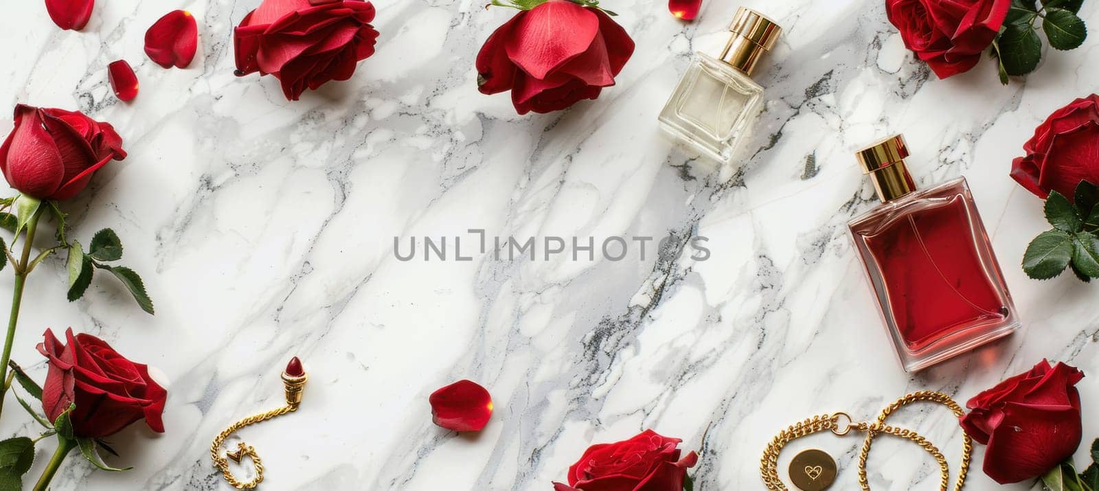 Luxury perfumes and a gold necklace rest alongside vibrant red roses and scattered petals on a marble surface, creating an elegant valentine’s day design ideal for print, cards, or posters, with ample space for text.