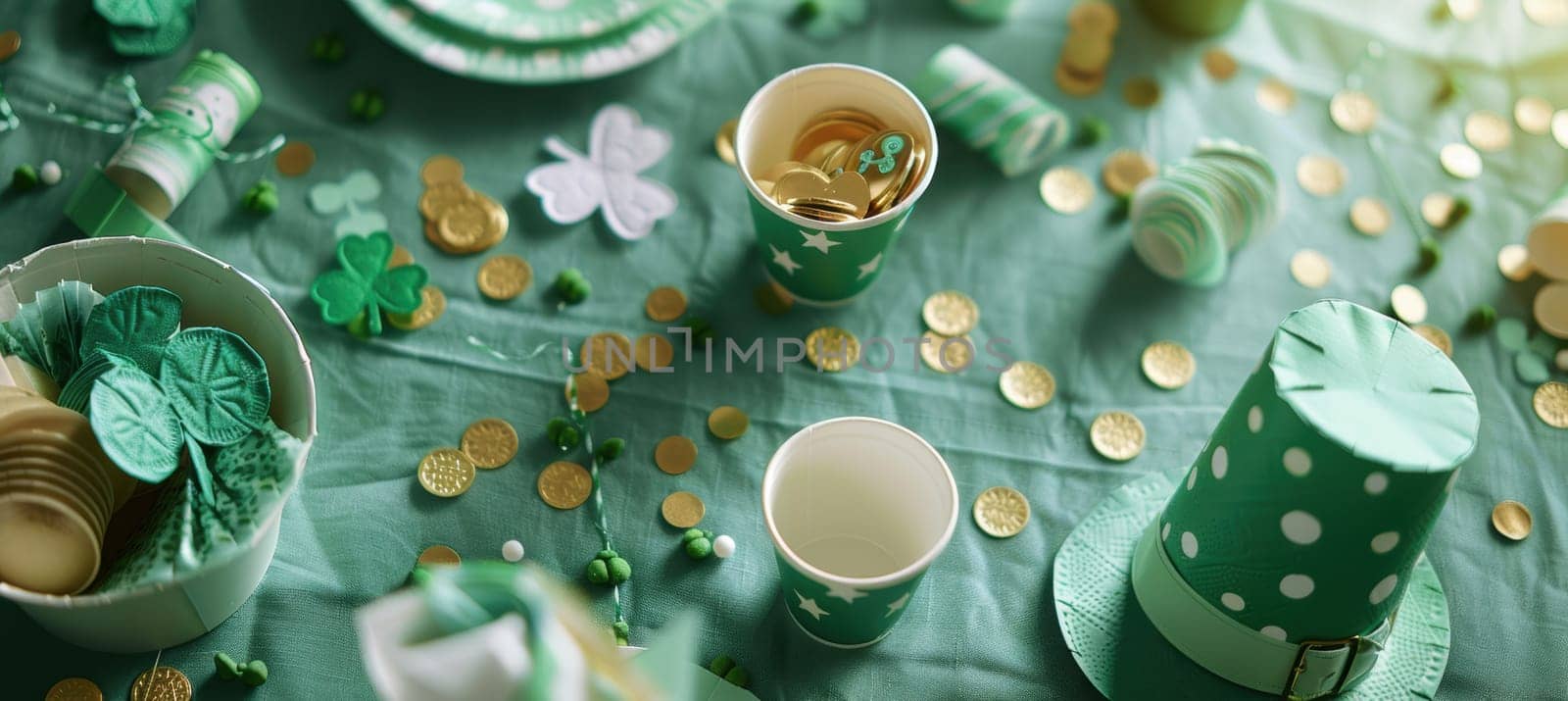 Vibrant st. patrick's day party supplies on a green tablecloth, featuring shamrock napkins, green hats, and gold coin confetti. perfect for celebrating irish culture, adding festive flair, or enhancing holiday designs.