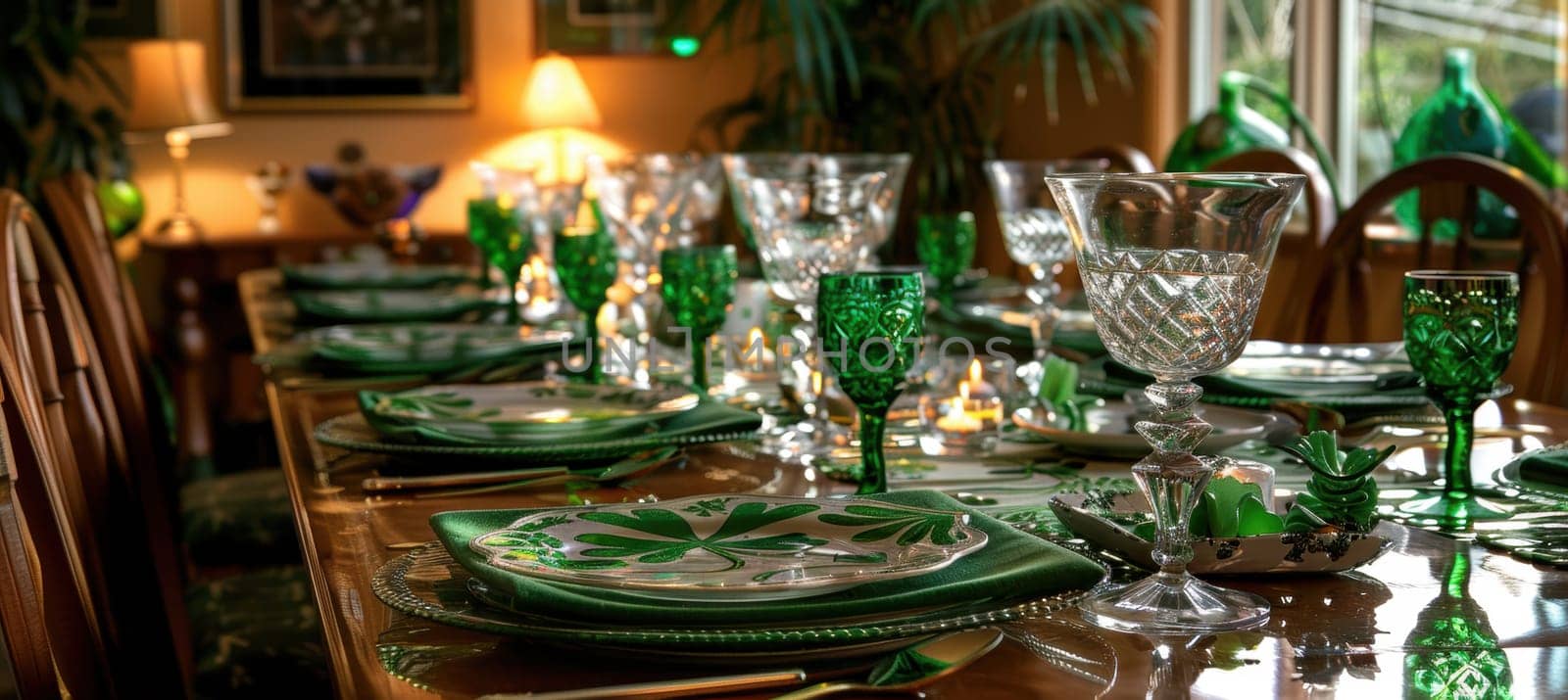 Beautifully arranged st. patrick's day dinner table featuring crystal glassware, green napkins, and shamrock-patterned plates. a warm, candlelit dining room ambiance enhances the festive theme of the celebration.