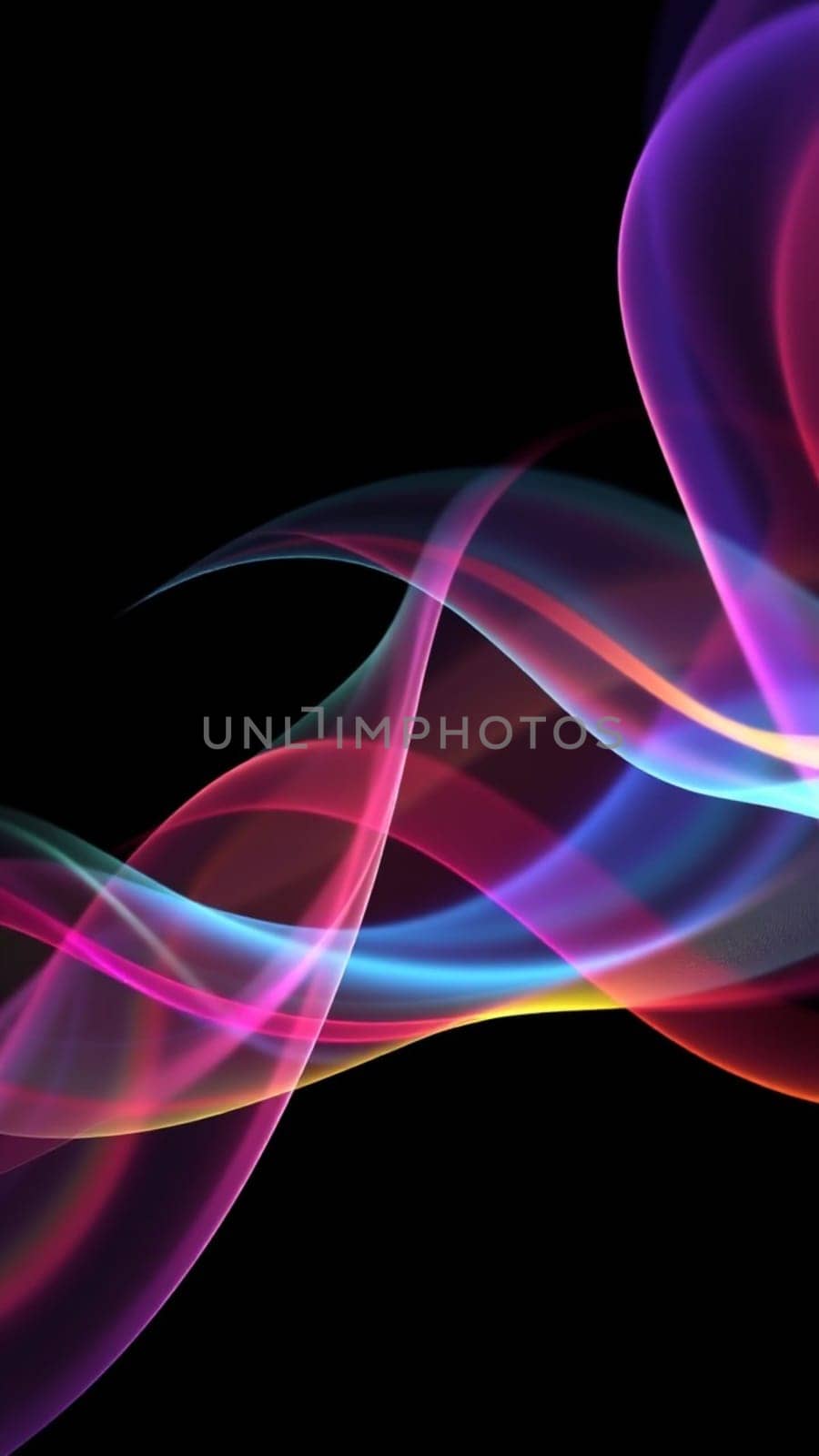 Colorful transparent waves flow gracefully on a black background, creating a vibrant abstract composition with soft curves and smooth lines in pink, purple, blue, and yellow