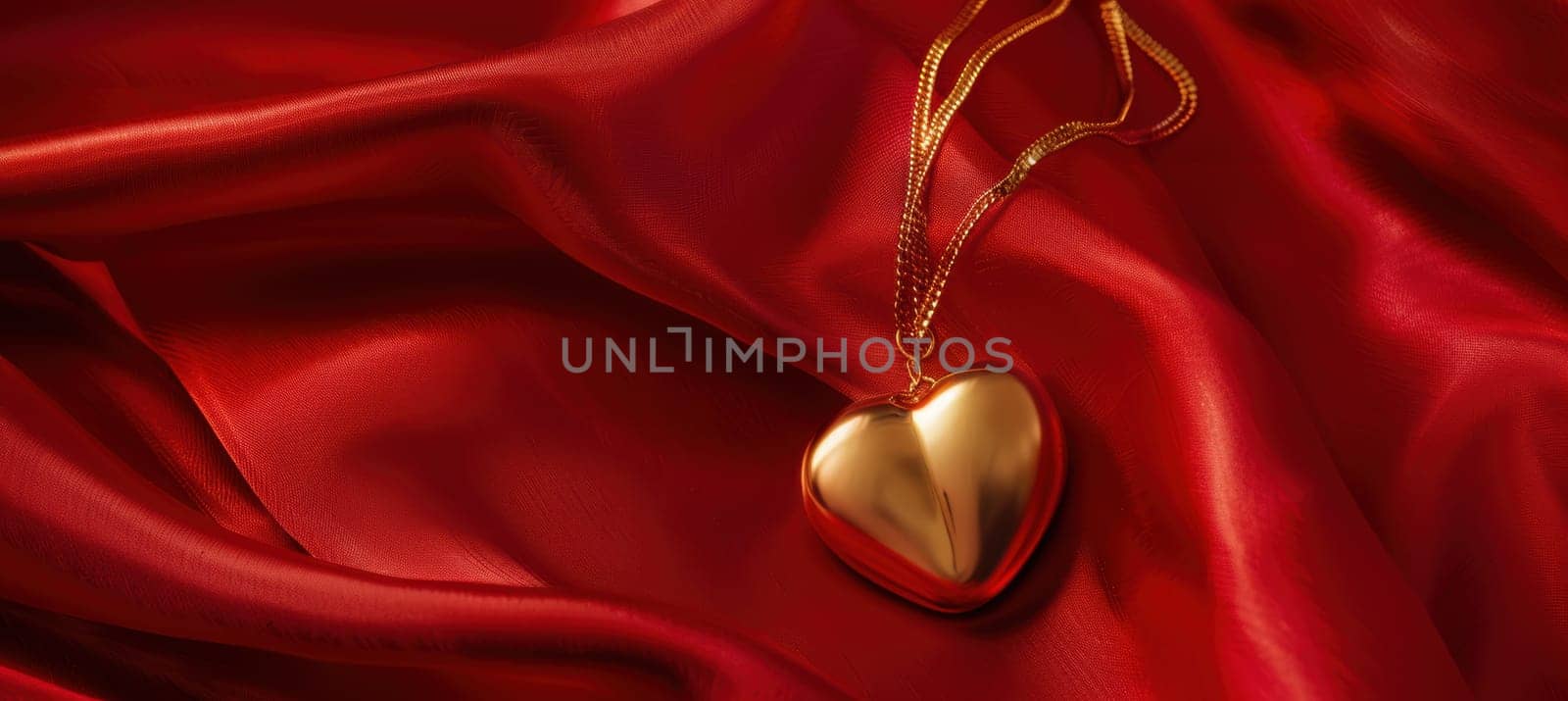 Gold heart pendant gracefully rests on rich red satin fabric, creating a luxurious and romantic vibe. the soft lighting highlights the elegance, perfect for valentine's designs and promotional materials.