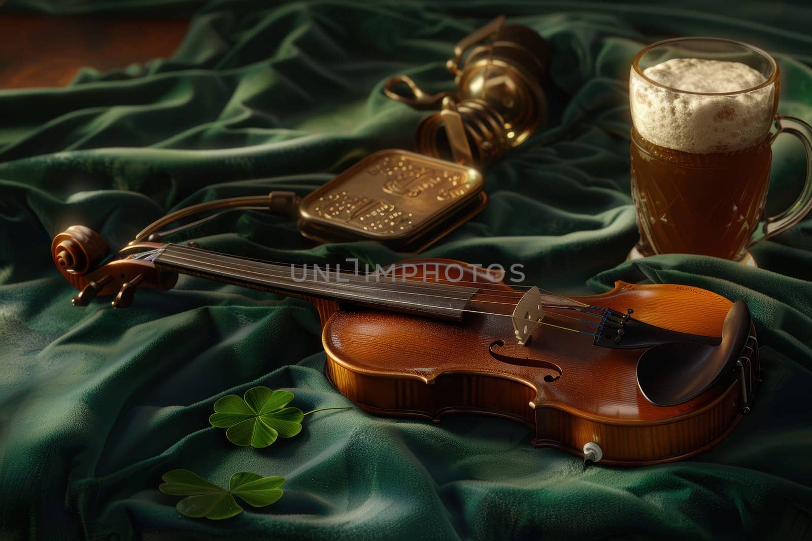 A photorealistic st. patrick's day design features an irish fiddle on green velvet, accompanied by a frothy pint of stout and a four-leaf clover, creating a rich, cultural ambiance. perfect for festive greeting cards or posters.