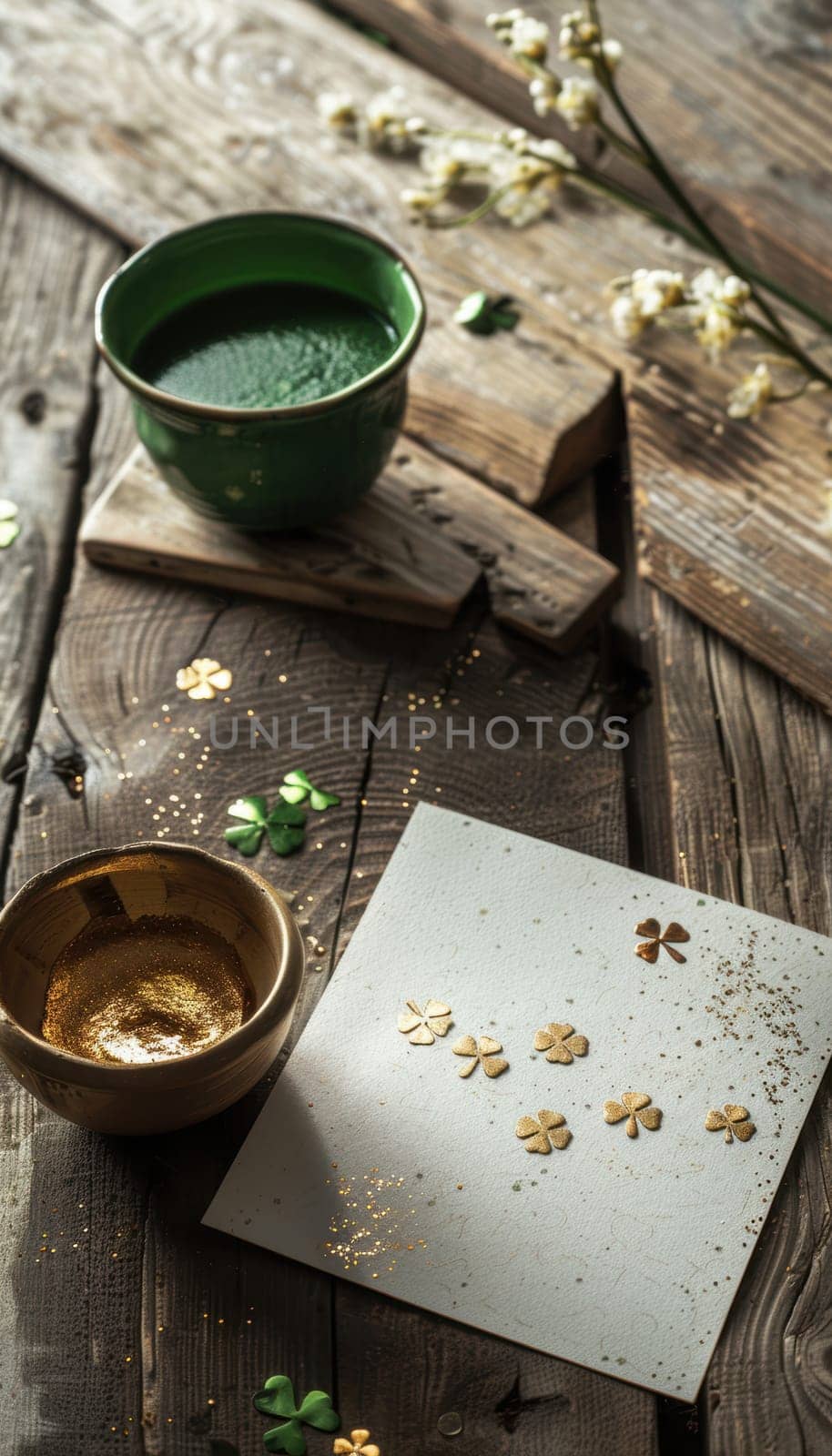 St. patrick's day card featuring gold-embossed shamrocks on a wooden table. a handwritten note adds a personal touch, complemented by a green pot and shimmering gold details, ideal for festive greetings.