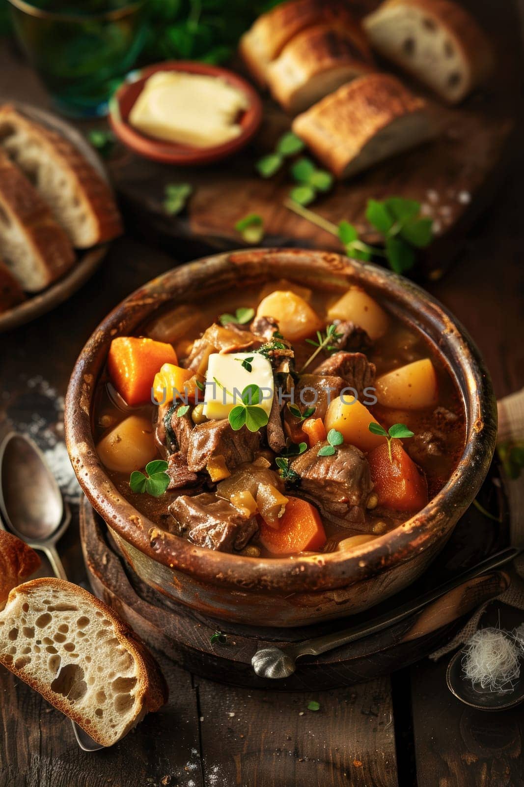 Warmly lit scene of a rustic irish stew with tender meat and vegetables in a bowl, garnished with a sprig of clover. freshly sliced bread and butter on the sides enhance the festive ambiance of st. patrick's day.